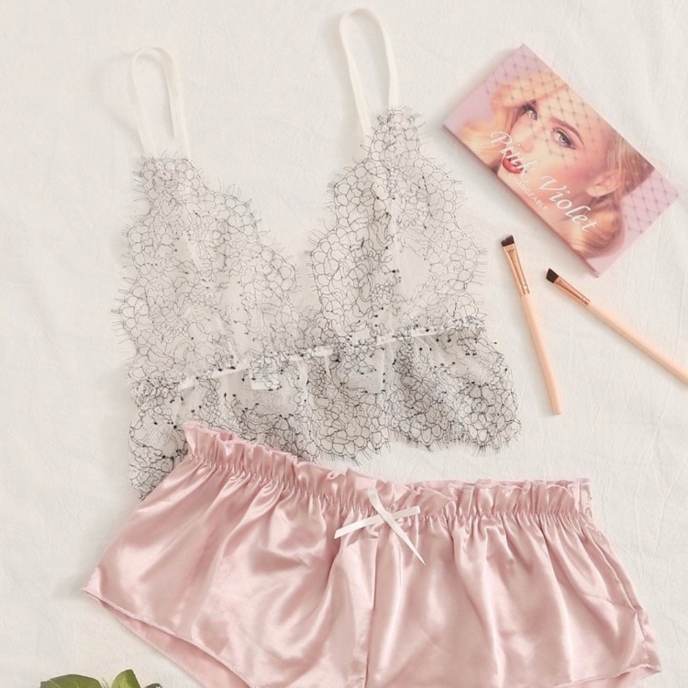BNWT Eyelash Lace Bralette With Satin Shorts SHEIN